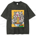 Unisex Silly Tiger Having Ramen Printed Washed Tee