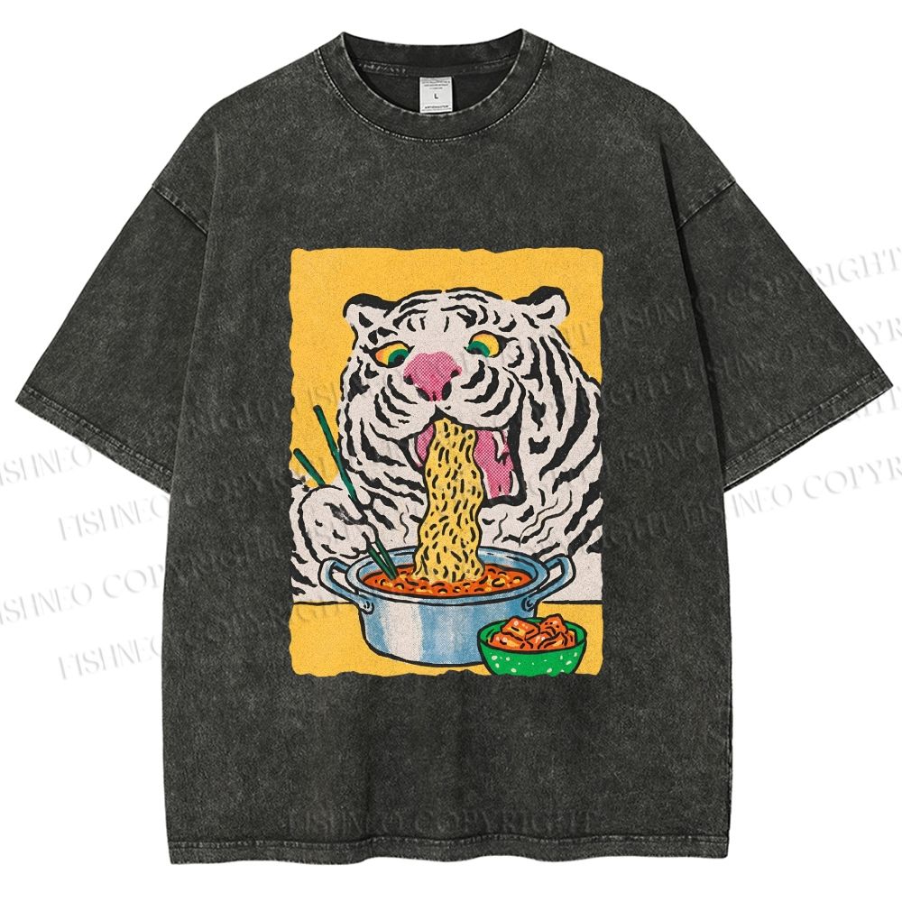 Unisex Silly Tiger Having Ramen Printed Washed Tee