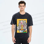 Unisex Silly Tiger Having Ramen Printed Washed Tee
