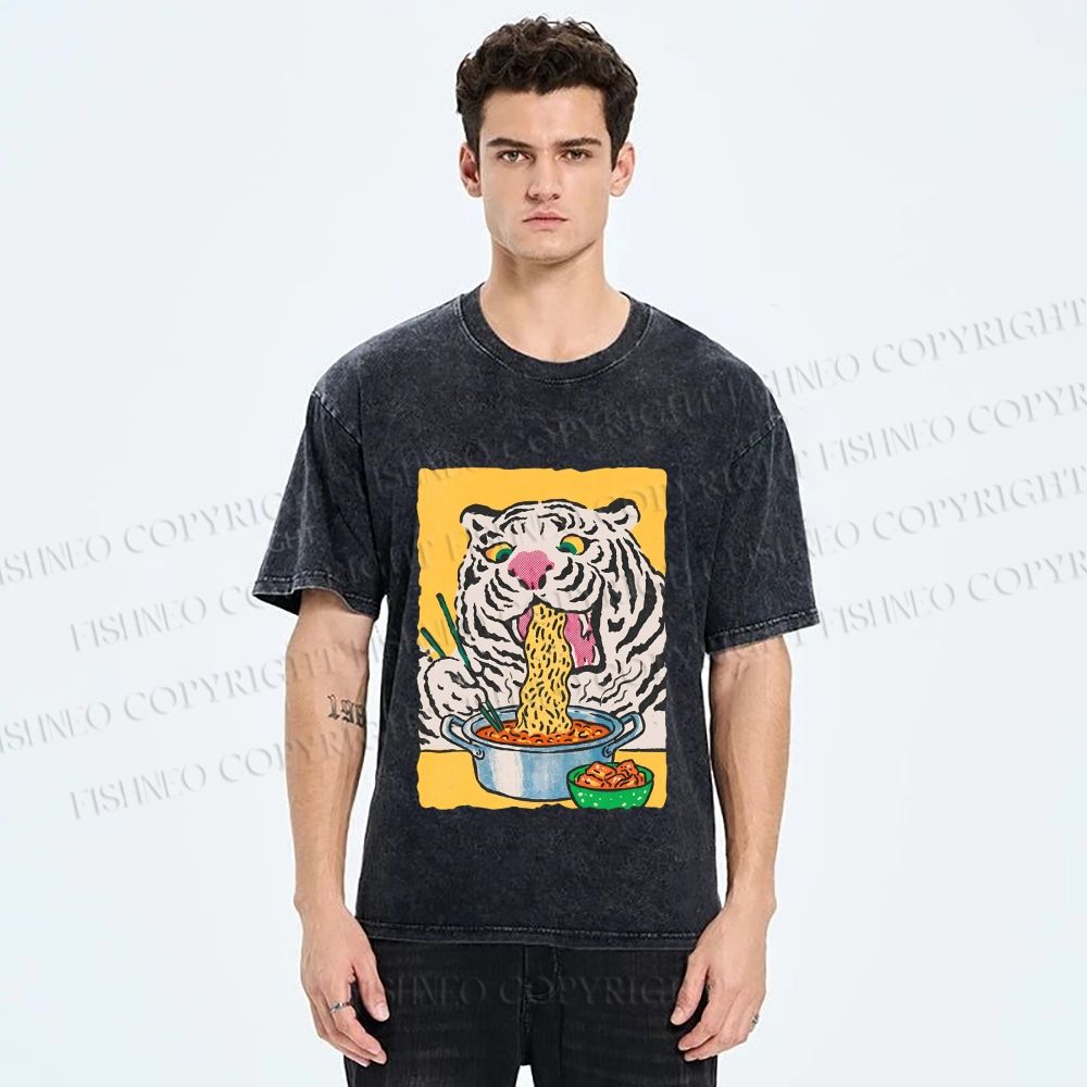 Unisex Silly Tiger Having Ramen Printed Washed Tee