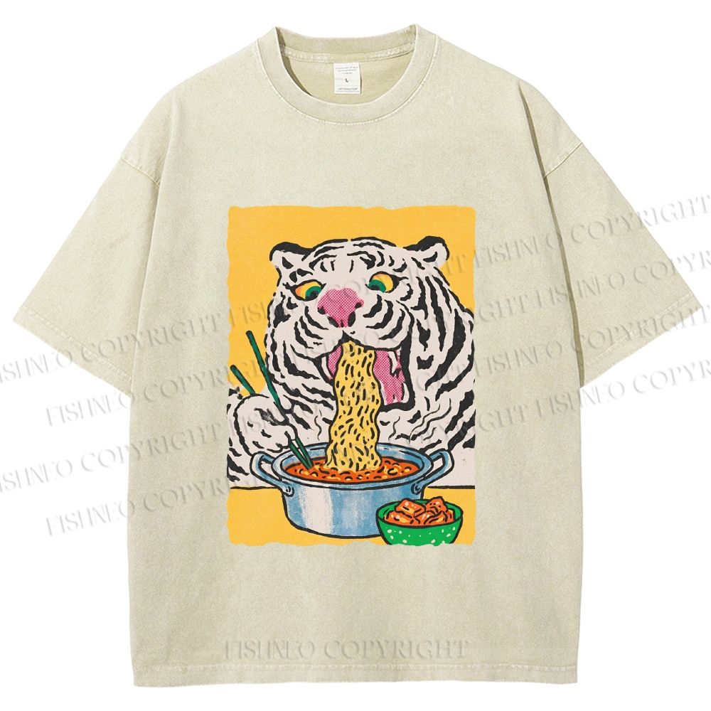 Unisex Silly Tiger Having Ramen Printed Washed Tee