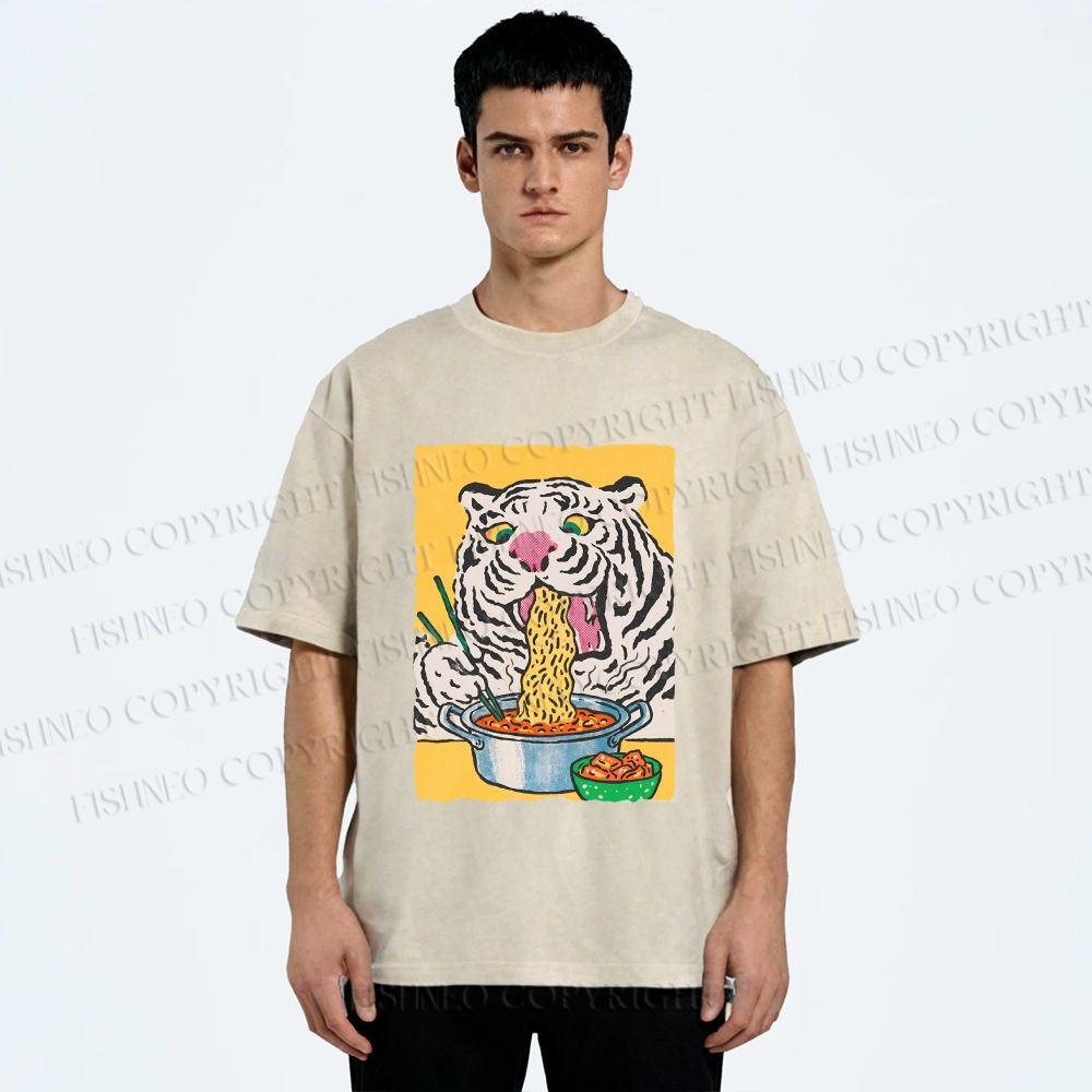 Unisex Silly Tiger Having Ramen Printed Washed Tee