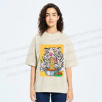 Unisex Silly Tiger Having Ramen Printed Washed Tee