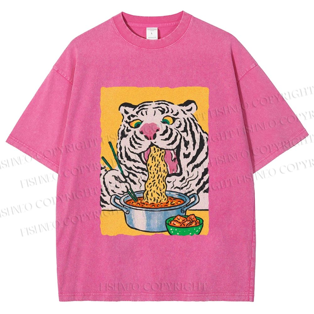 Unisex Silly Tiger Having Ramen Printed Washed Tee