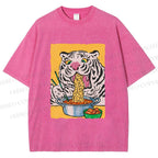 Unisex Silly Tiger Having Ramen Printed Washed Tee