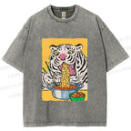 Unisex Silly Tiger Having Ramen Printed Washed Tee
