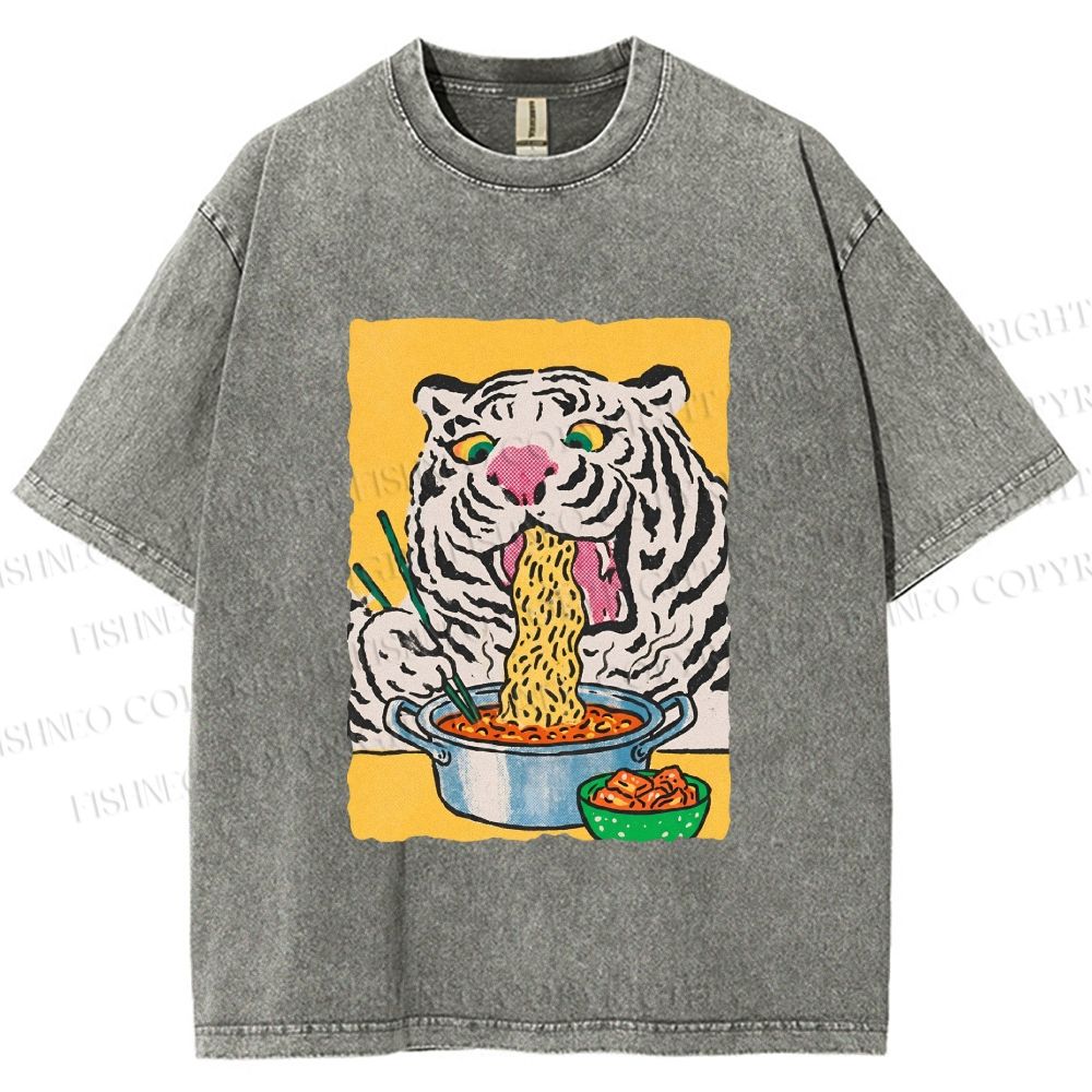 Unisex Silly Tiger Having Ramen Printed Washed Tee