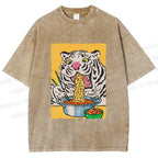 Unisex Silly Tiger Having Ramen Printed Washed Tee