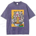 Unisex Silly Tiger Having Ramen Printed Washed Tee