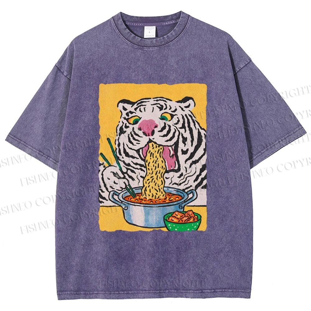 Unisex Silly Tiger Having Ramen Printed Washed Tee