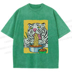 Unisex Silly Tiger Having Ramen Printed Washed Tee