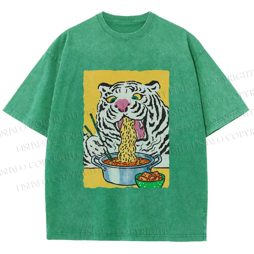 Unisex Silly Tiger Having Ramen Printed Washed Tee