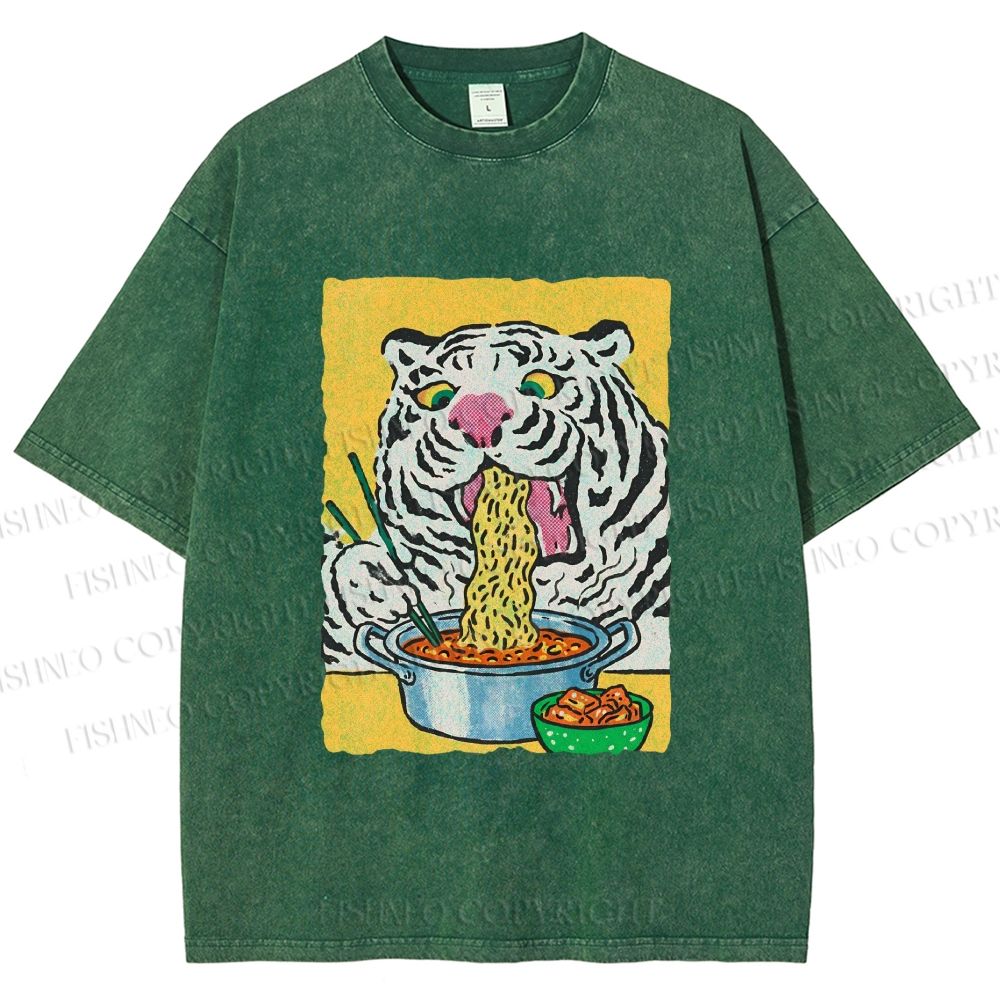 Unisex Silly Tiger Having Ramen Printed Washed Tee