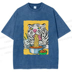 Unisex Silly Tiger Having Ramen Printed Washed Tee