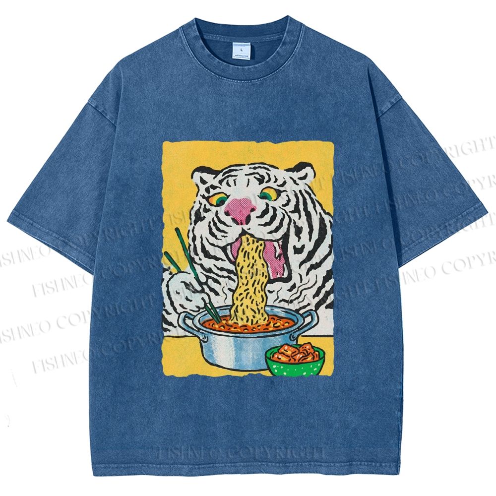 Unisex Silly Tiger Having Ramen Printed Washed Tee