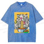Unisex Silly Tiger Having Ramen Printed Washed Tee