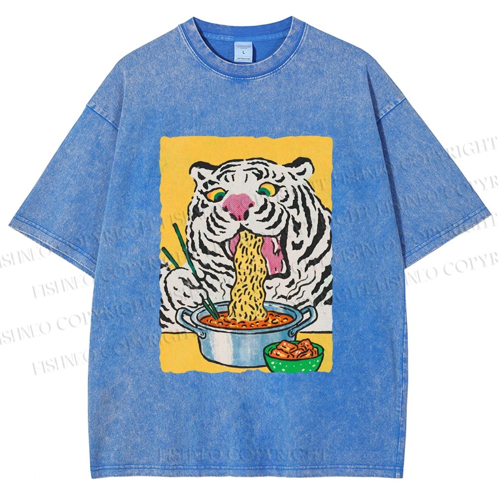 Unisex Silly Tiger Having Ramen Printed Washed Tee