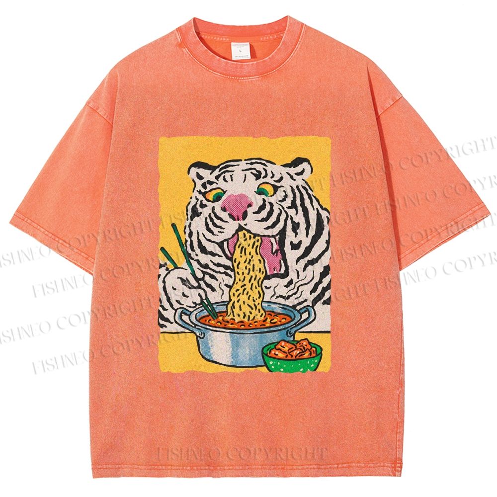 Unisex Silly Tiger Having Ramen Printed Washed Tee