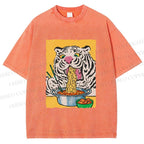 Unisex Silly Tiger Having Ramen Printed Washed Tee