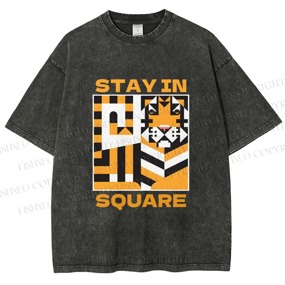 Unisex Tiger Stay in Square Printed Washed Tee