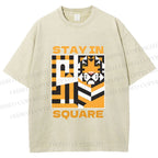 Unisex Tiger Stay in Square Printed Washed Tee