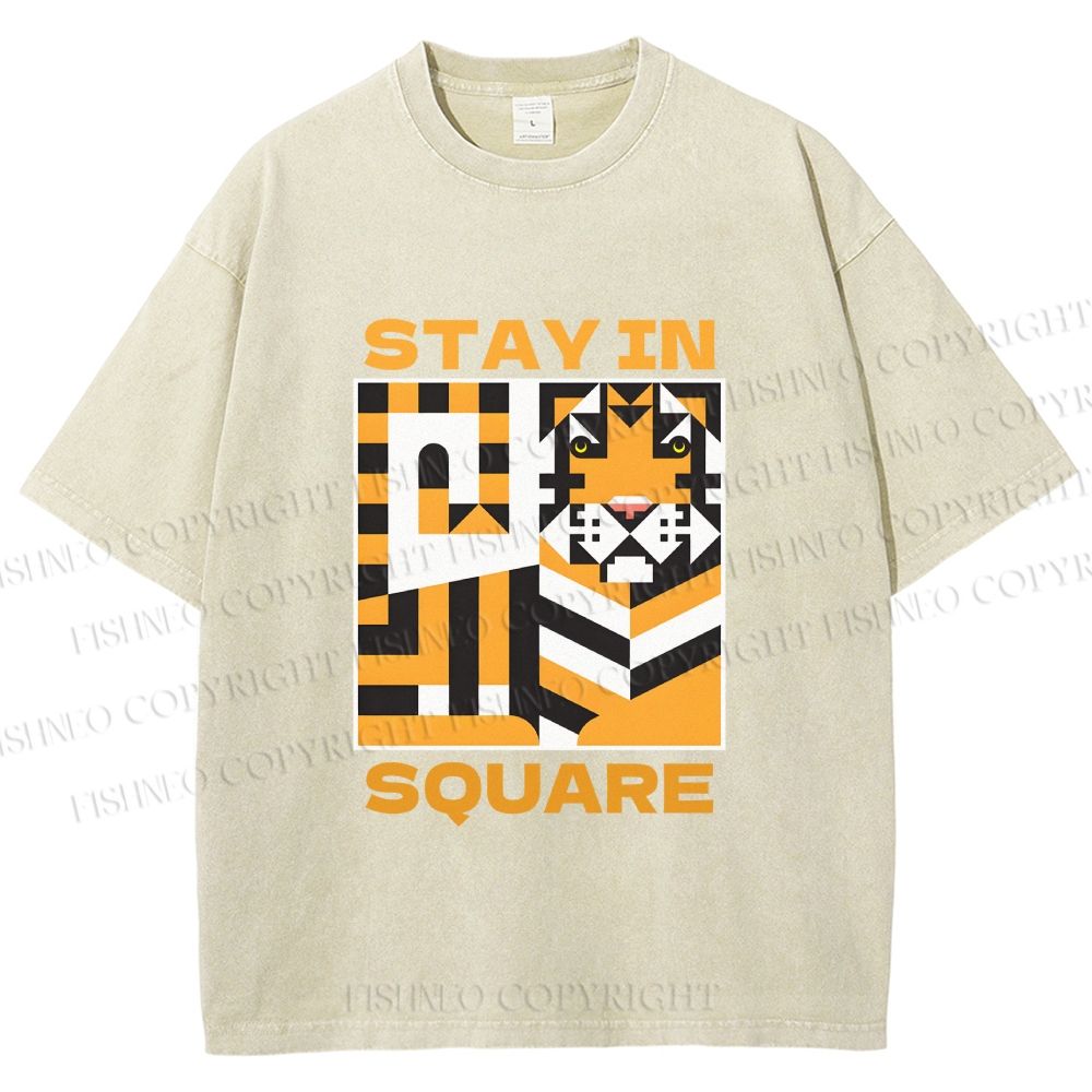 Unisex Tiger Stay in Square Printed Washed Tee