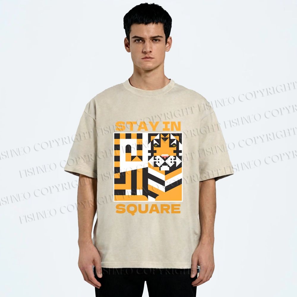 Unisex Tiger Stay in Square Printed Washed Tee