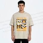 Unisex Tiger Stay in Square Printed Washed Tee
