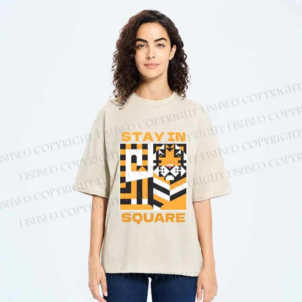 Unisex Tiger Stay in Square Printed Washed Tee