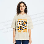 Unisex Tiger Stay in Square Printed Washed Tee