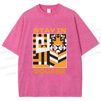 Unisex Tiger Stay in Square Printed Washed Tee