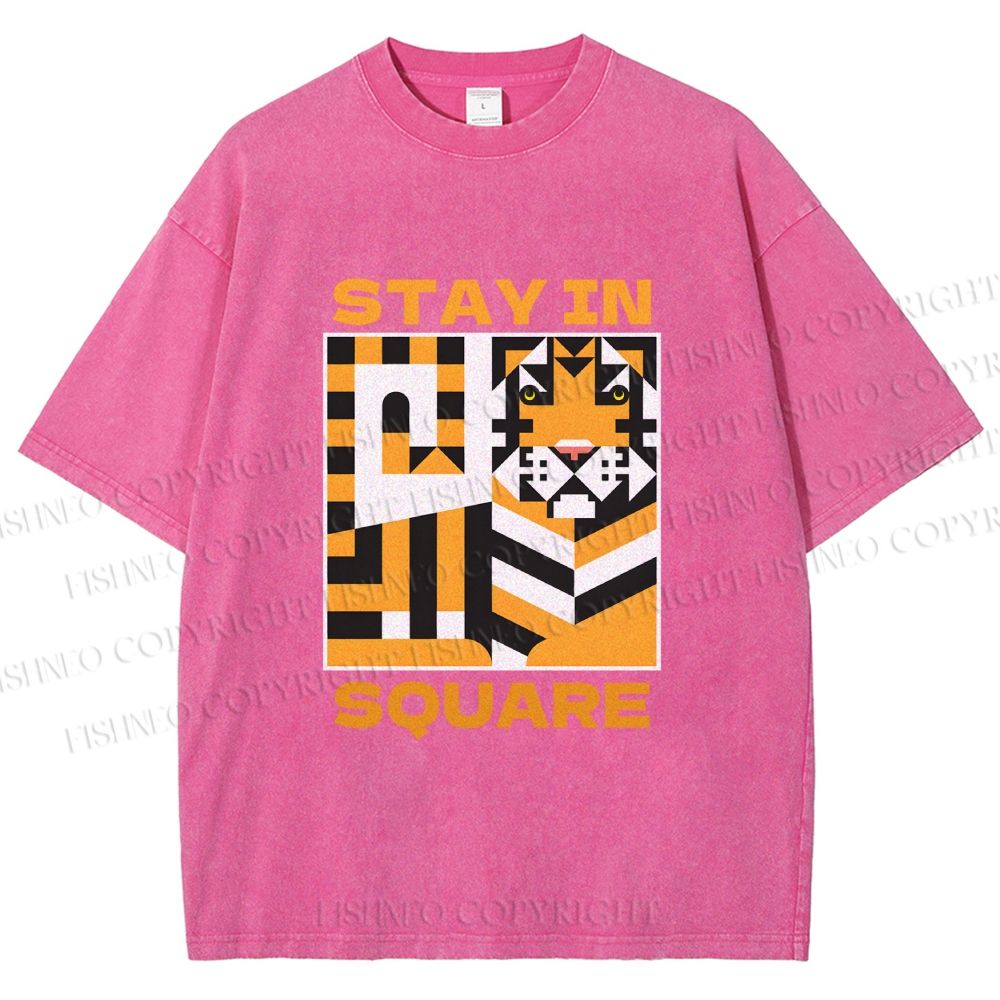 Unisex Tiger Stay in Square Printed Washed Tee