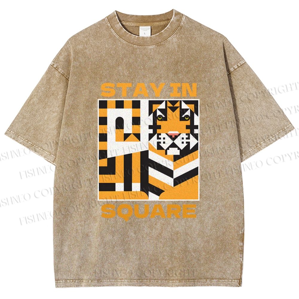 Unisex Tiger Stay in Square Printed Washed Tee