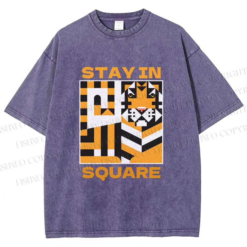 Unisex Tiger Stay in Square Printed Washed Tee