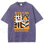 Unisex Tiger Stay in Square Printed Washed Tee