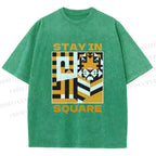 Unisex Tiger Stay in Square Printed Washed Tee