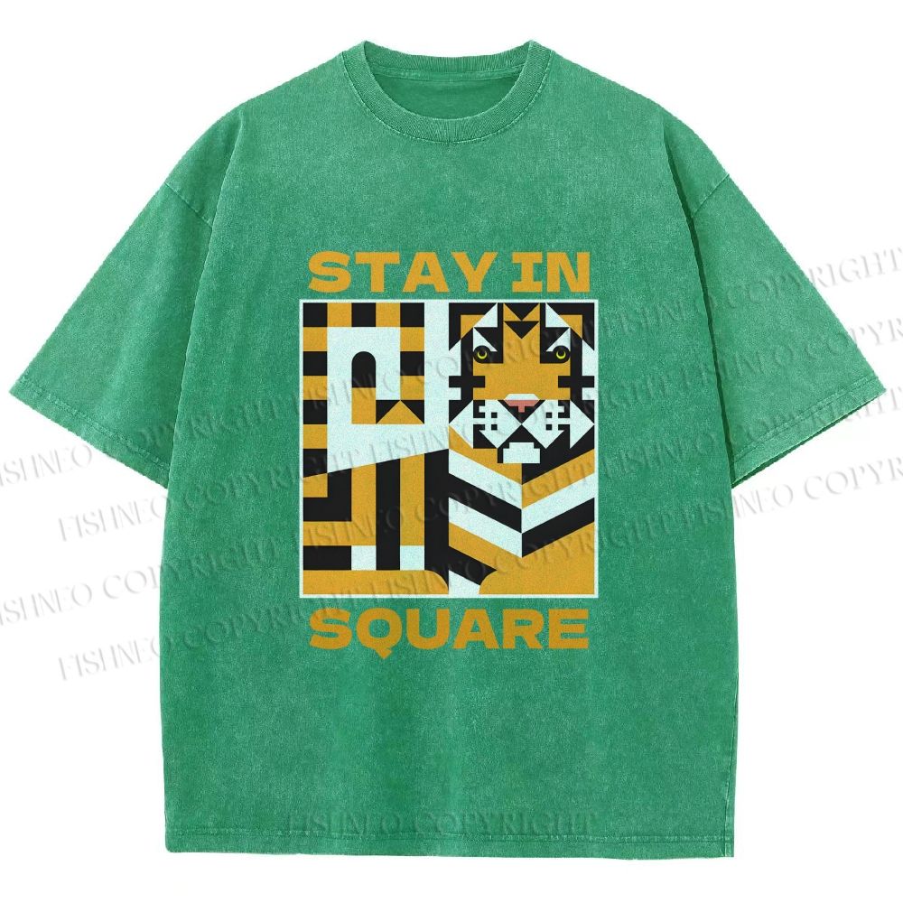 Unisex Tiger Stay in Square Printed Washed Tee