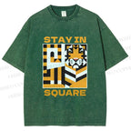 Unisex Tiger Stay in Square Printed Washed Tee