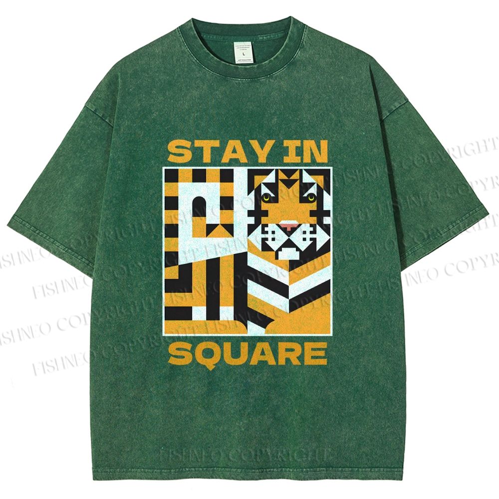 Unisex Tiger Stay in Square Printed Washed Tee
