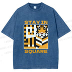 Unisex Tiger Stay in Square Printed Washed Tee