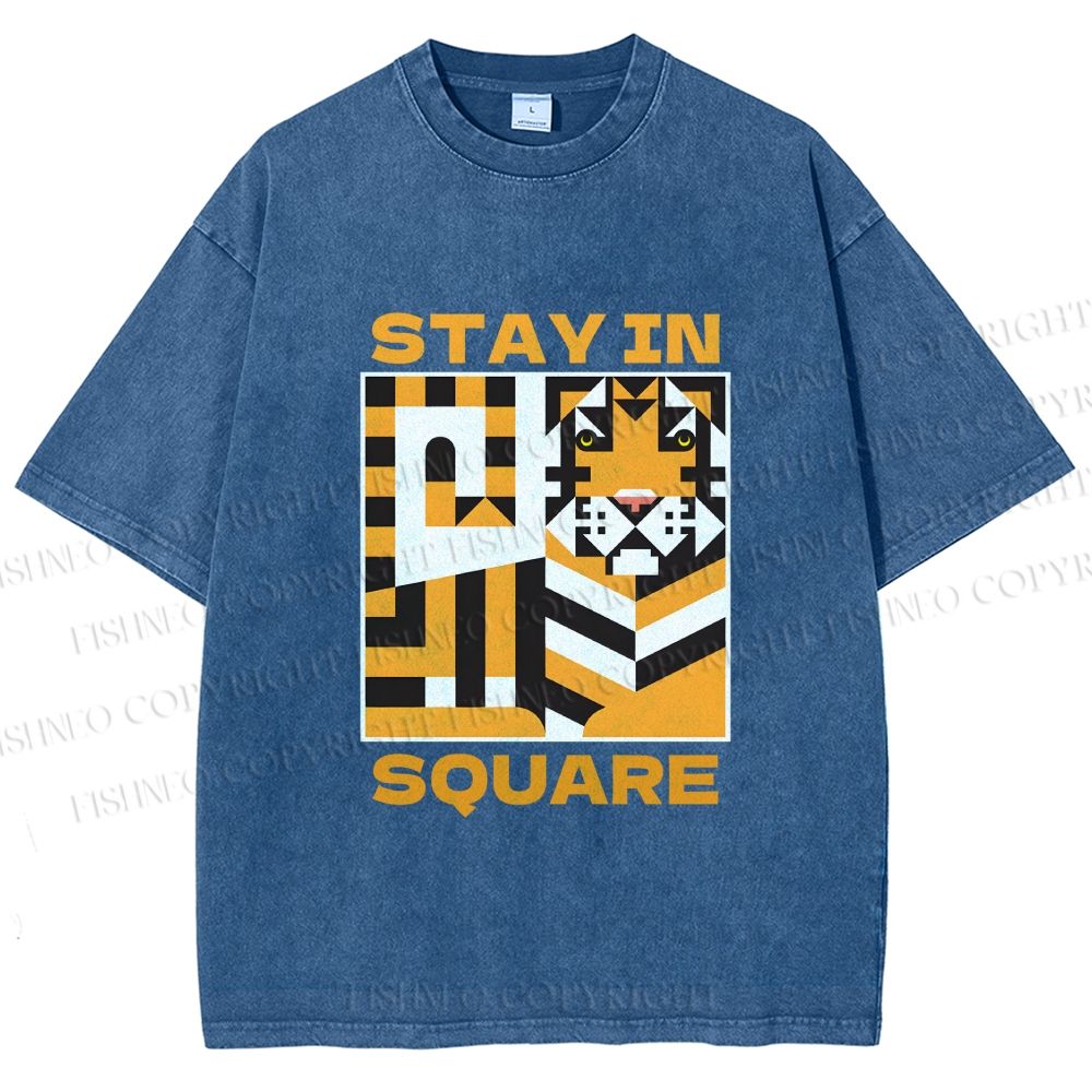 Unisex Tiger Stay in Square Printed Washed Tee