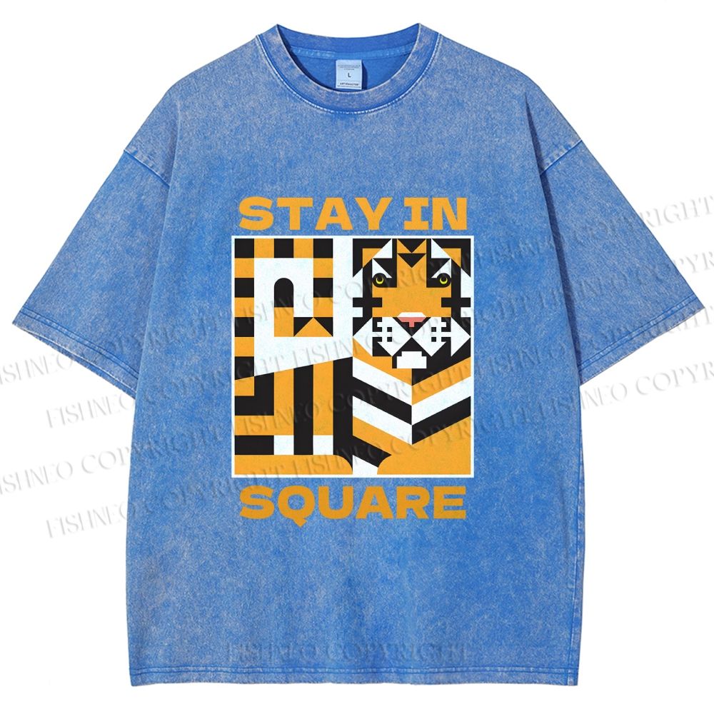Unisex Tiger Stay in Square Printed Washed Tee