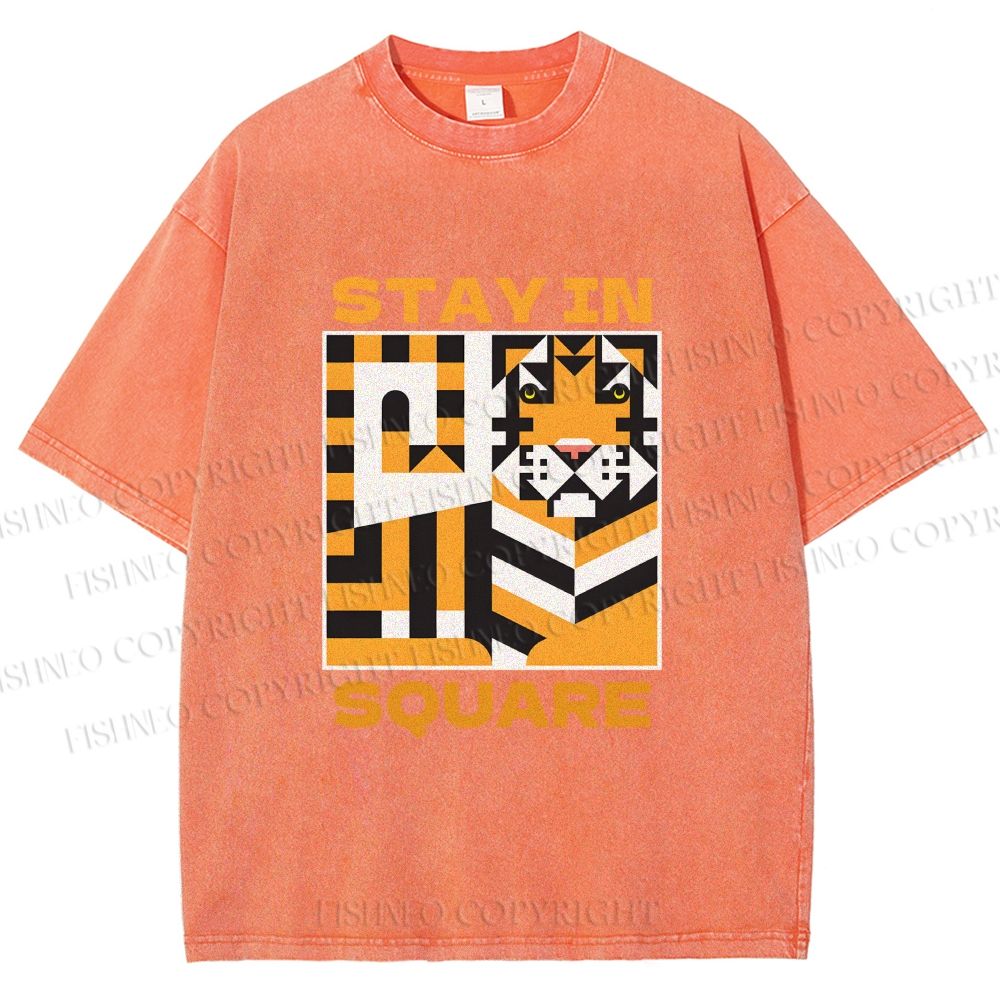 Unisex Tiger Stay in Square Printed Washed Tee