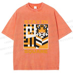 Unisex Tiger Stay in Square Printed Washed Tee