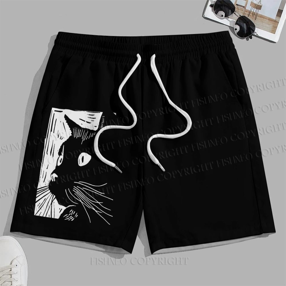 Men's Vintage Cat Graffiti Printed Casual Beach Plus Size Shorts