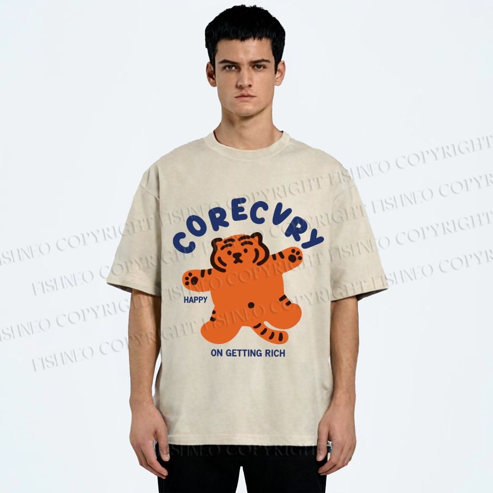 Unisex Rich Happy Tiger Printed Washed Tee