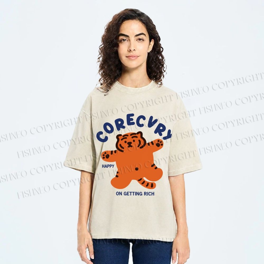 Unisex Rich Happy Tiger Printed Washed Tee