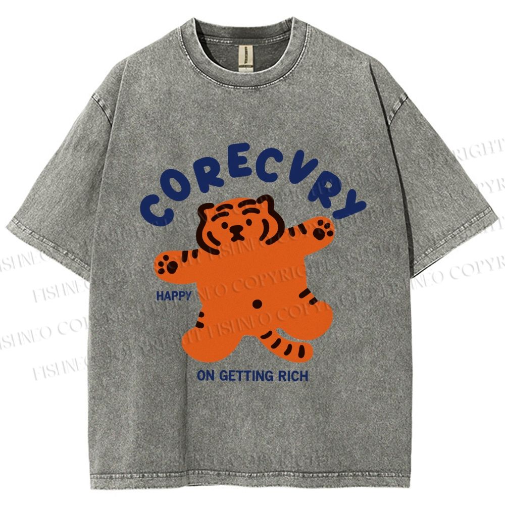 Unisex Rich Happy Tiger Printed Washed Tee