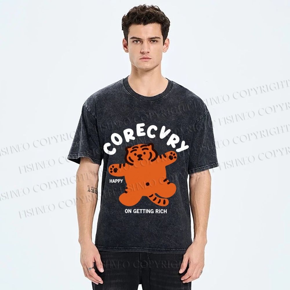 Unisex Rich Happy Tiger Printed Washed Tee