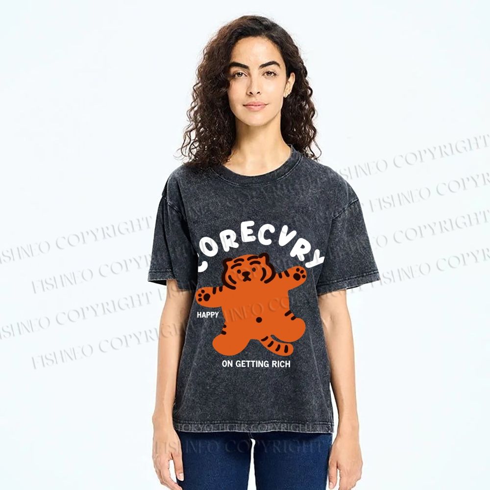 Unisex Rich Happy Tiger Printed Washed Tee